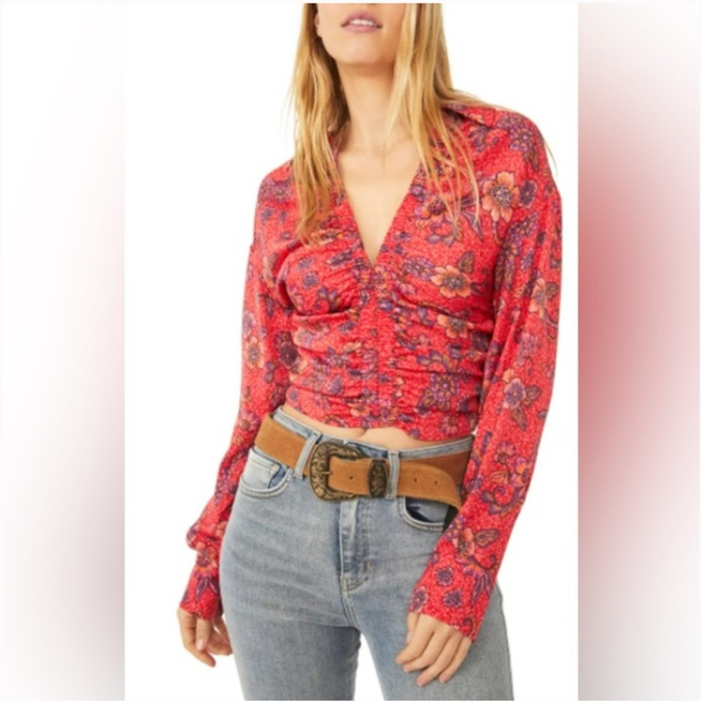 FREE PEOPLE Got You Printed Top In Ruby Combo